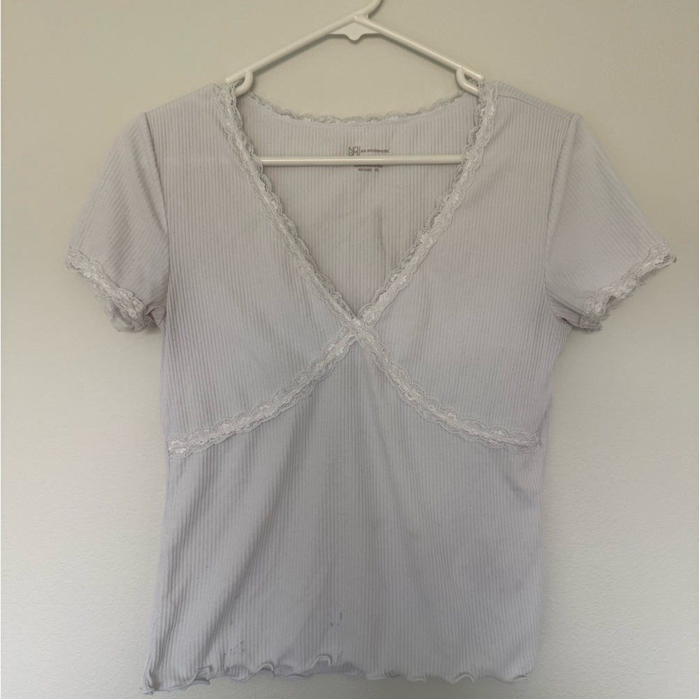 No Boundaries White Lace-Trim Ribbed V-Neck Tee